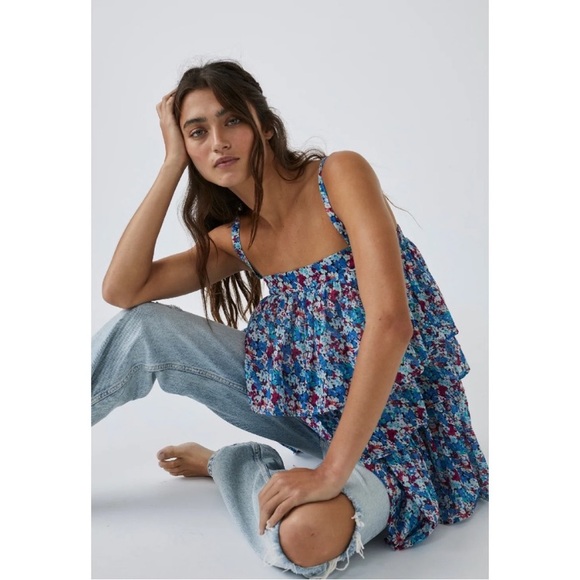 Free People One Talia Tunic Blouse Tiered Ruffle Boho Floral Top size Large - Picture 4 of 16